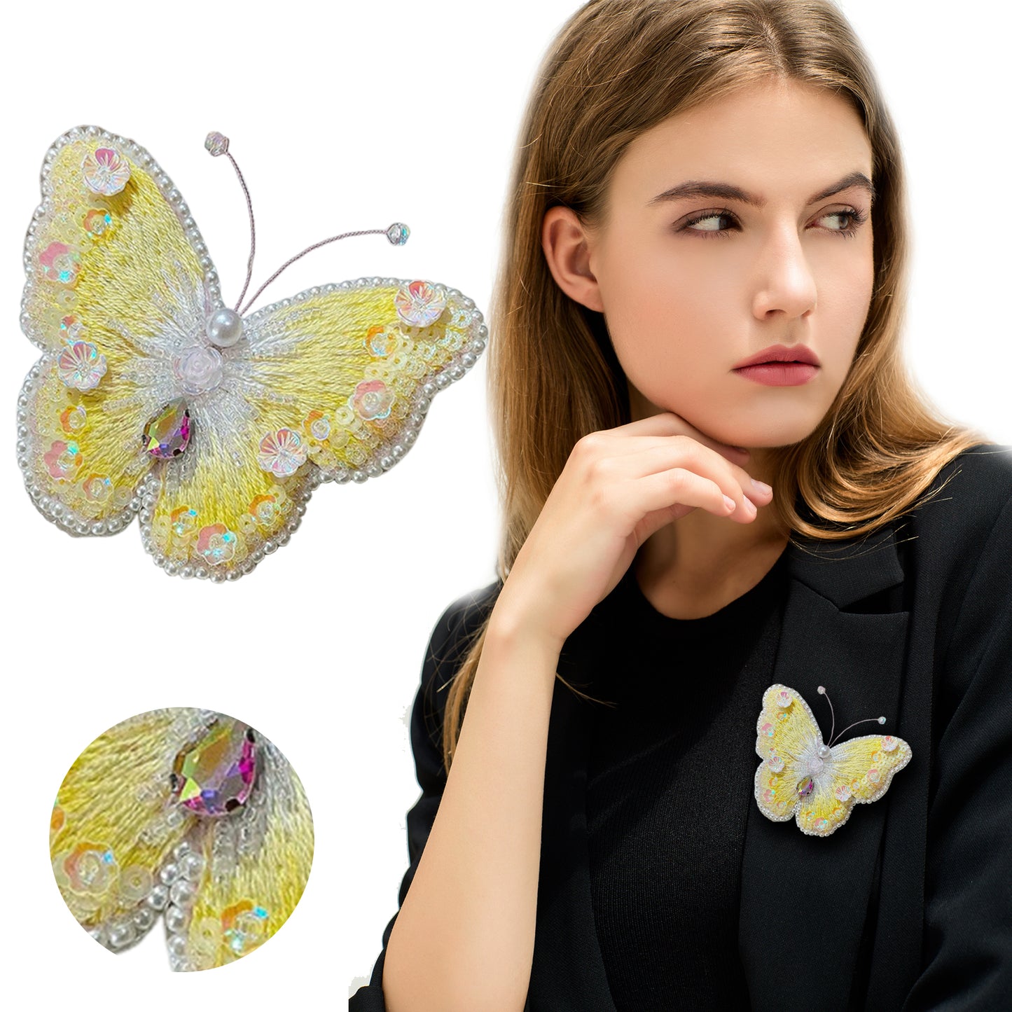 Butterfly Brooch DIY Beaded Embroidery Kit Beadwork Craft Supplies (Yellow)