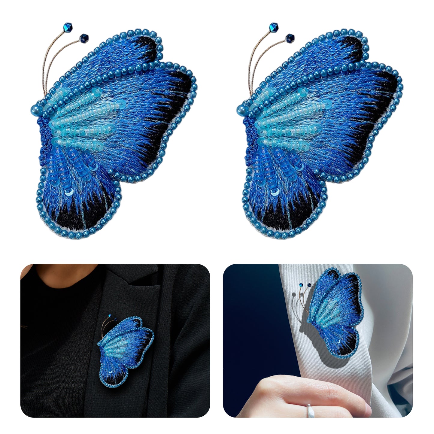 Butterfly Brooch DIY Beaded Embroidery Kit Beadwork Craft Supplies (Dark Blue)