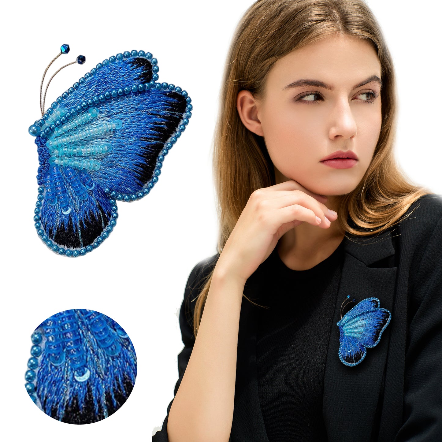 Butterfly Brooch DIY Beaded Embroidery Kit Beadwork Craft Supplies (Dark Blue)