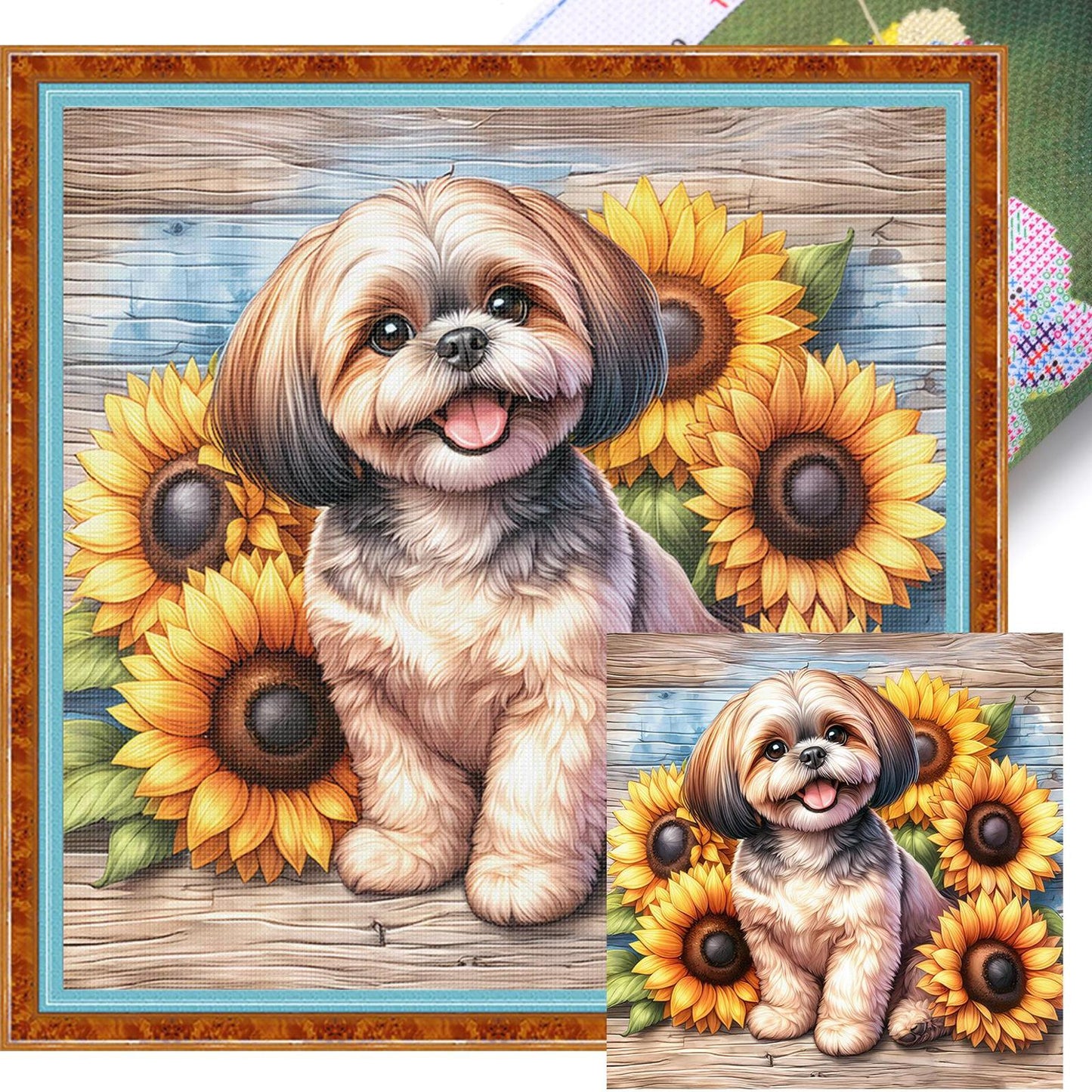 Dog And Sunflower - Full 11CT Stamped Cross Stitch 40x40CM - Huacan