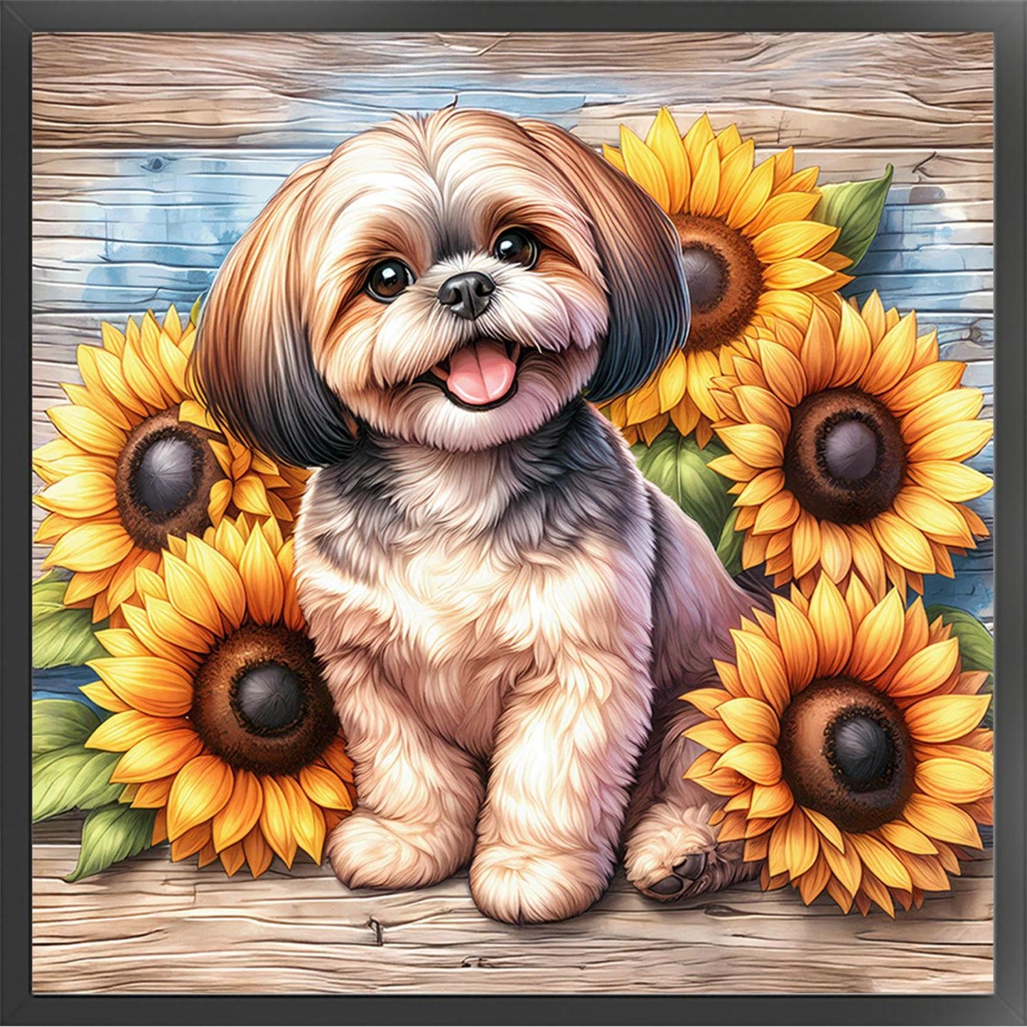 Dog And Sunflower - Full 11CT Stamped Cross Stitch 40x40CM - Huacan