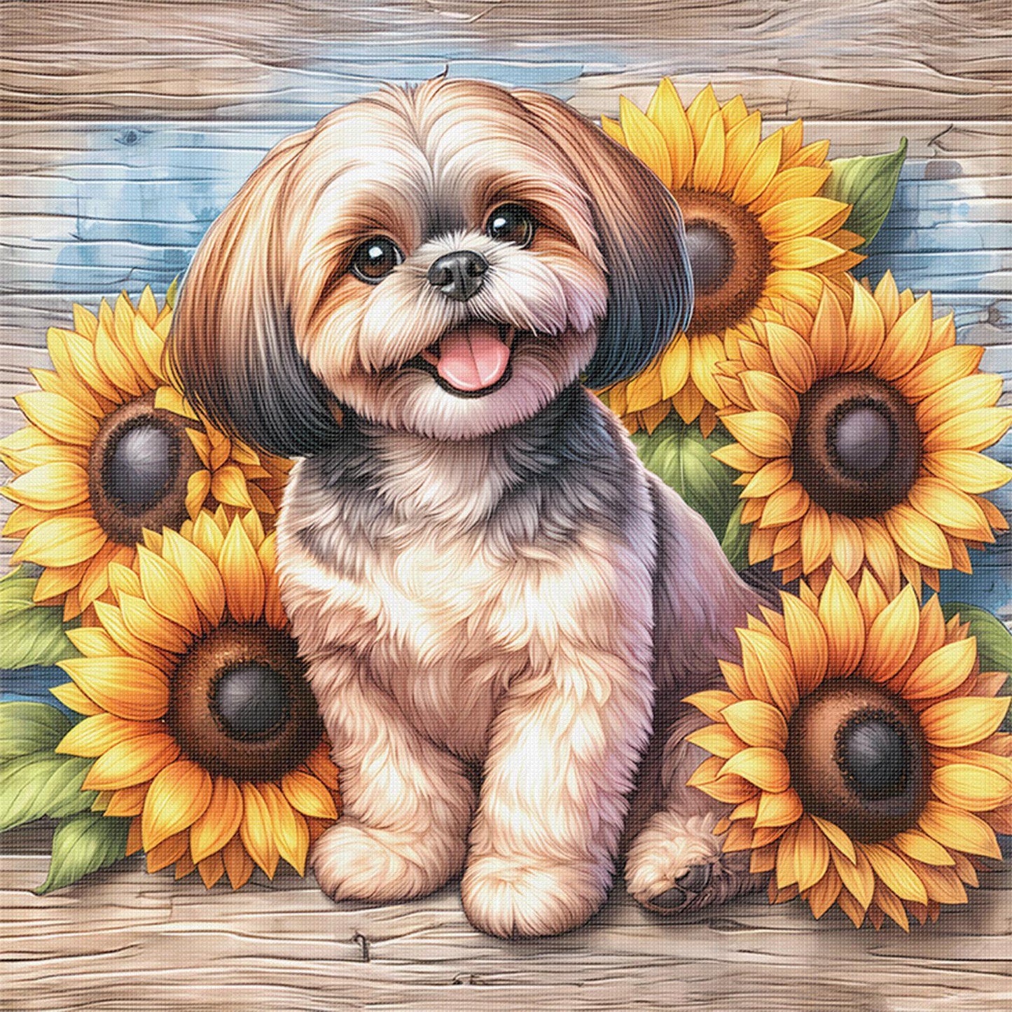 Dog And Sunflower - Full 11CT Stamped Cross Stitch 40x40CM - Huacan