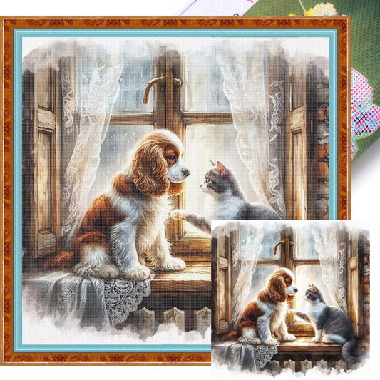 Dog Cat - Full 11CT Stamped Cross Stitch 40x40CM - Huacan