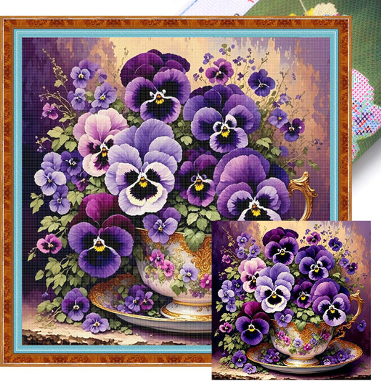 Flower Teacup - Full 11CT Stamped Cross Stitch 40x40CM - Huacan