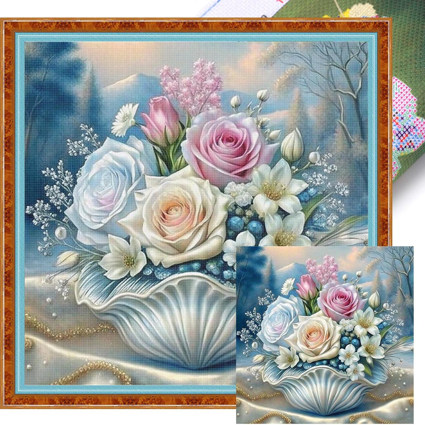 Seashell & Flower - Full 11CT Stamped Cross Stitch 40x40CM - Huacan