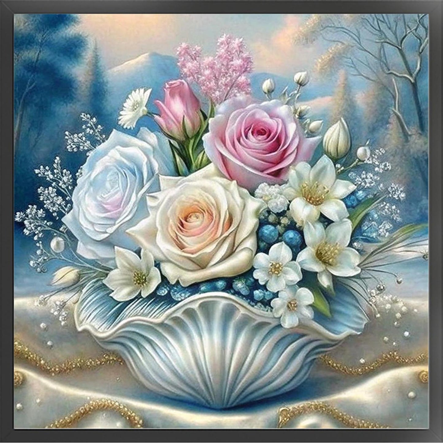 Seashell & Flower - Full 11CT Stamped Cross Stitch 40x40CM - Huacan
