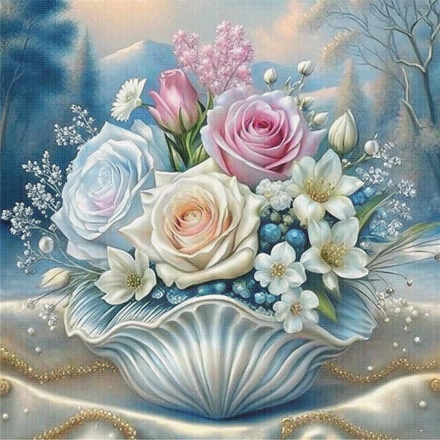 Seashell & Flower - Full 11CT Stamped Cross Stitch 40x40CM - Huacan