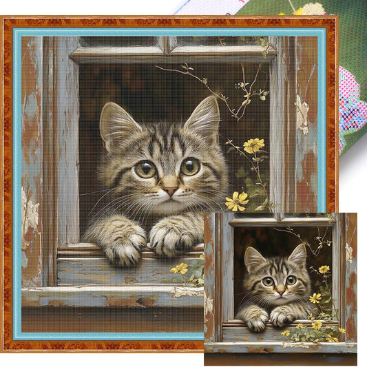 Cat By Window - Full 11CT Stamped Cross Stitch 40x40CM - Huacan