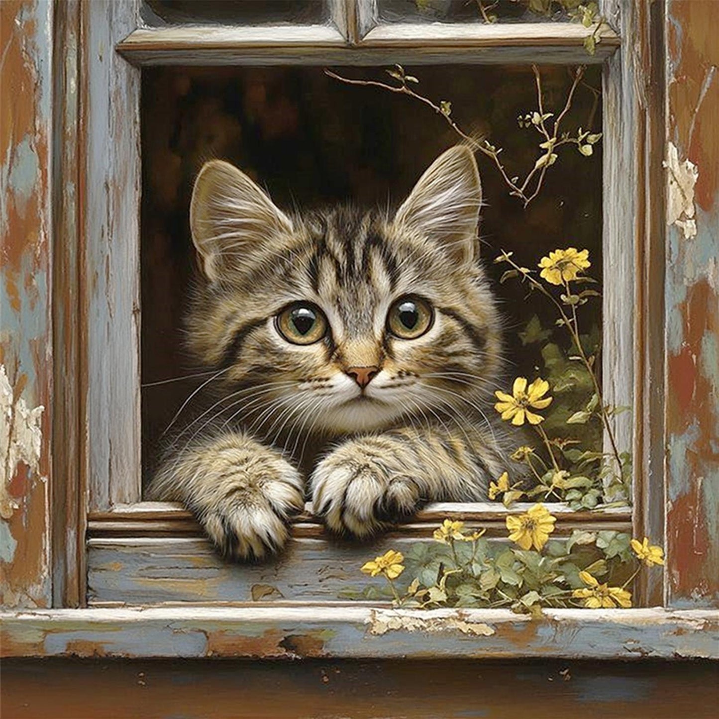Cat By Window - Full 11CT Stamped Cross Stitch 40x40CM - Huacan