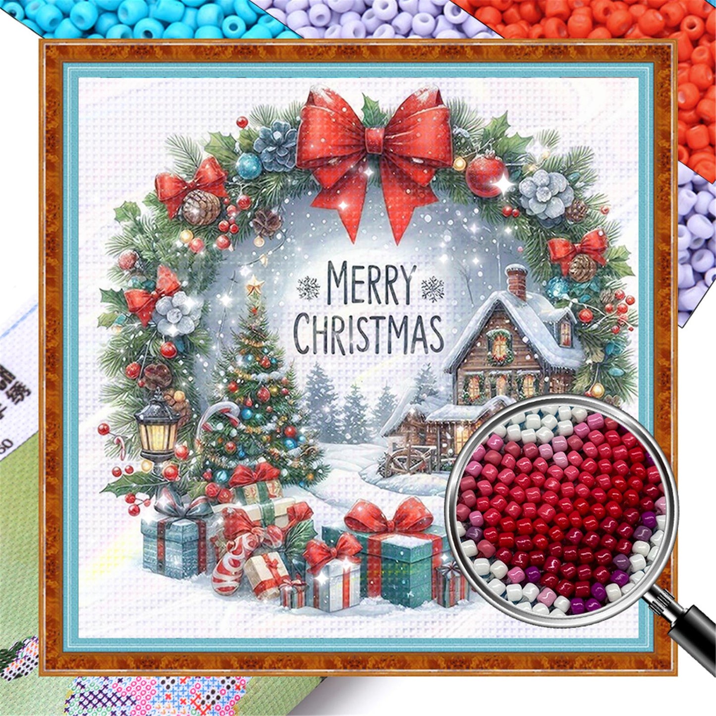 Christmas Cottage - Partial 11CT Stamped Cross Stitch - Bead Embroidery 36x36CM/14.17x14.17in