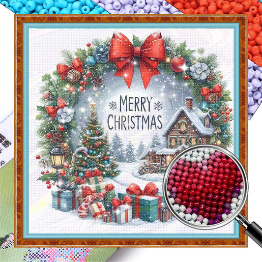 Christmas Cottage - Partial 11CT Stamped Cross Stitch - Bead Embroidery 36x36CM/14.17x14.17in