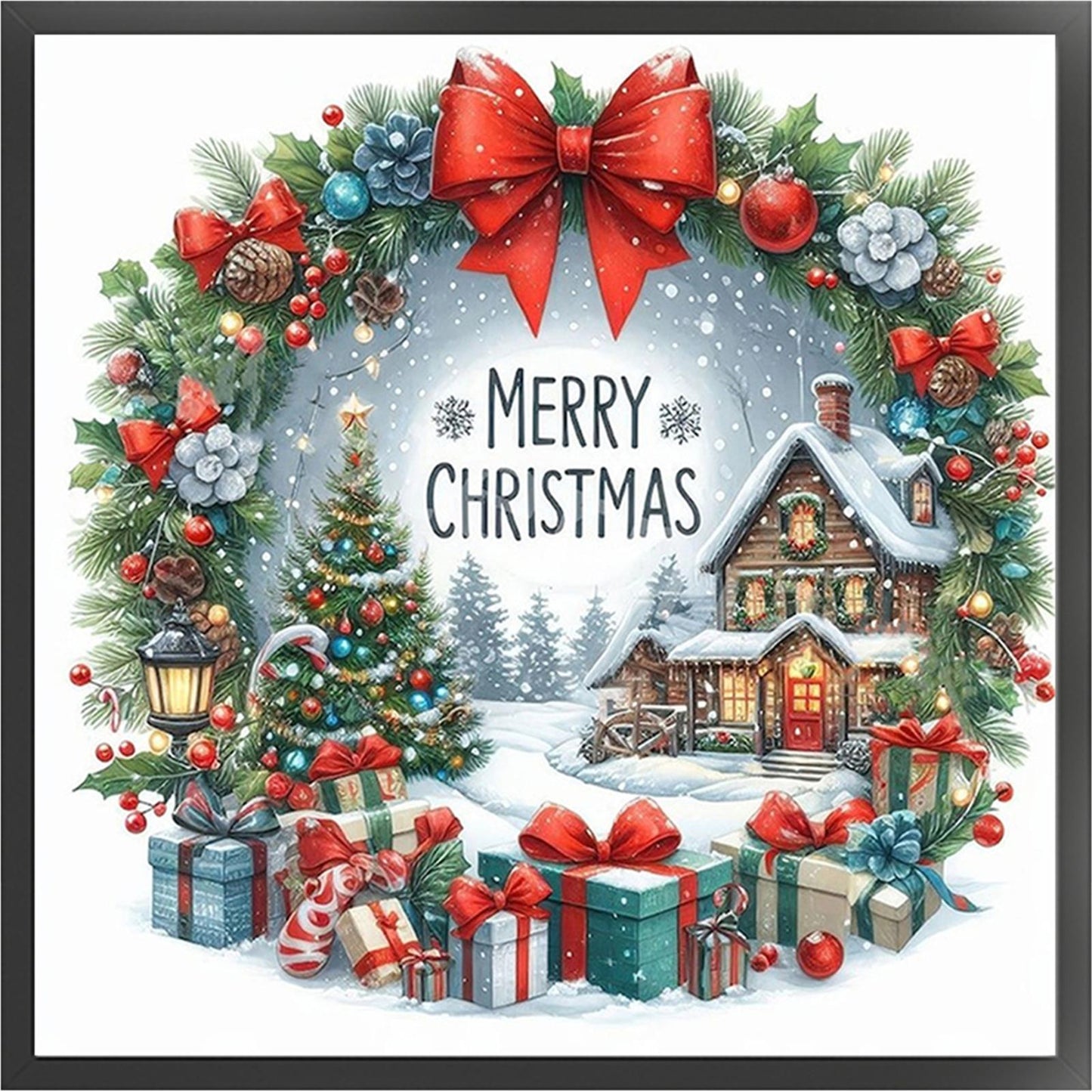 Christmas Cottage - Partial 11CT Stamped Cross Stitch - Bead Embroidery 36x36CM/14.17x14.17in