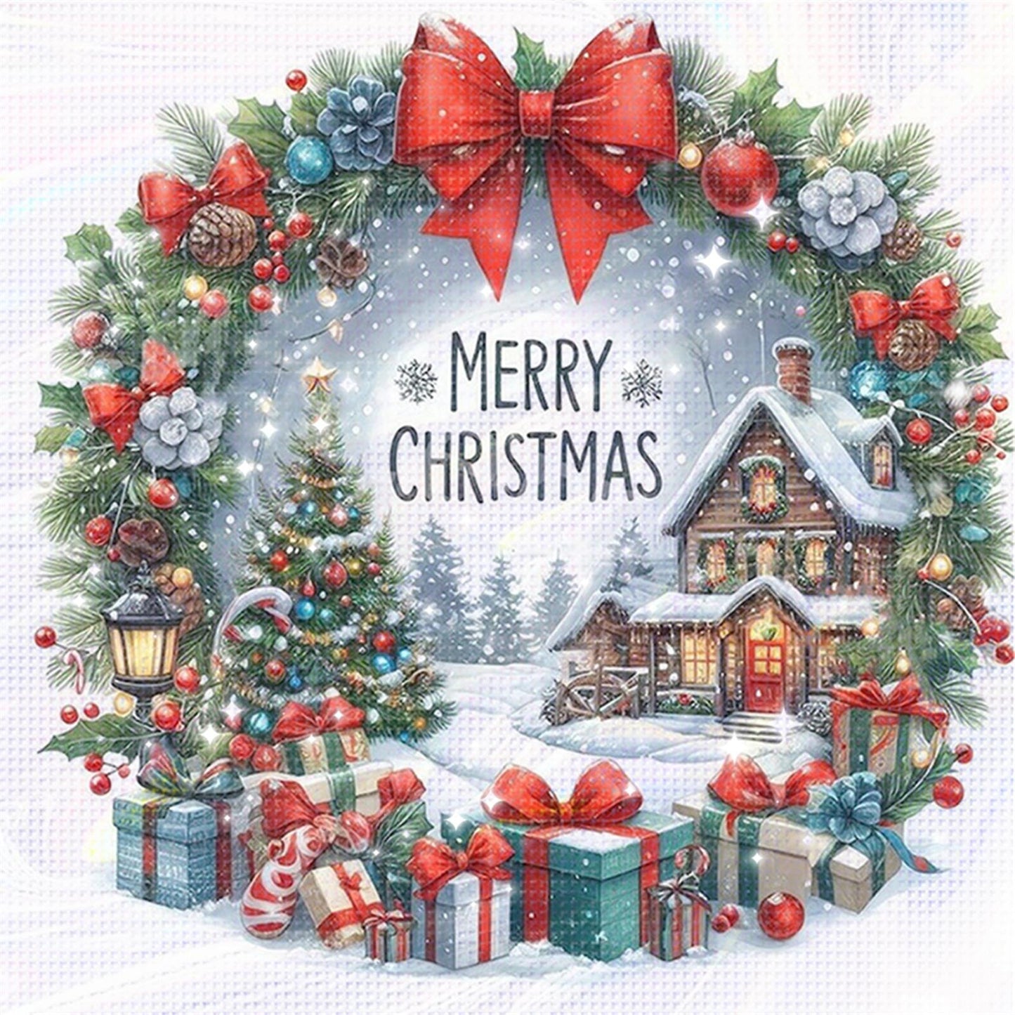 Christmas Cottage - Partial 11CT Stamped Cross Stitch - Bead Embroidery 36x36CM/14.17x14.17in