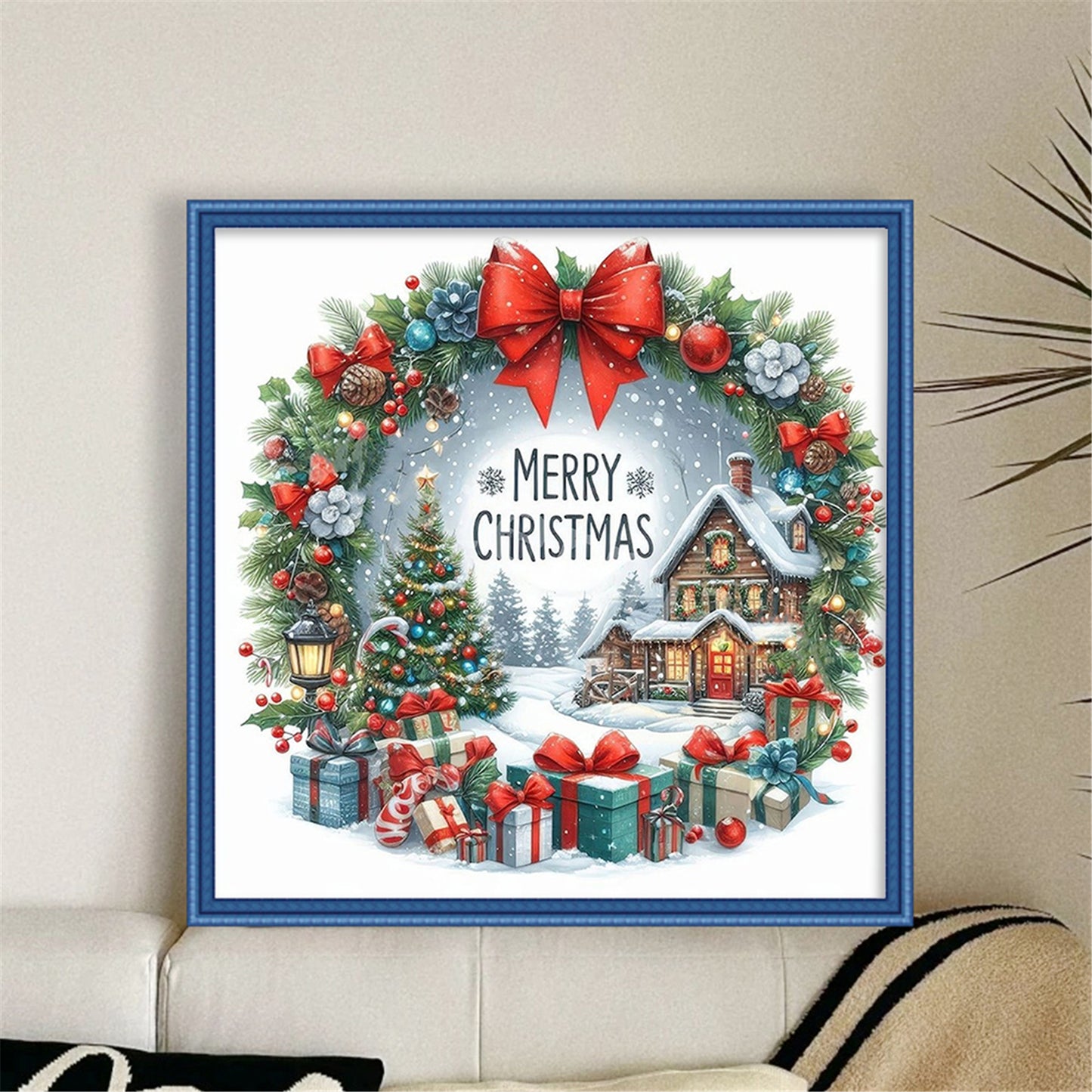Christmas Cottage - Partial 11CT Stamped Cross Stitch - Bead Embroidery 36x36CM/14.17x14.17in
