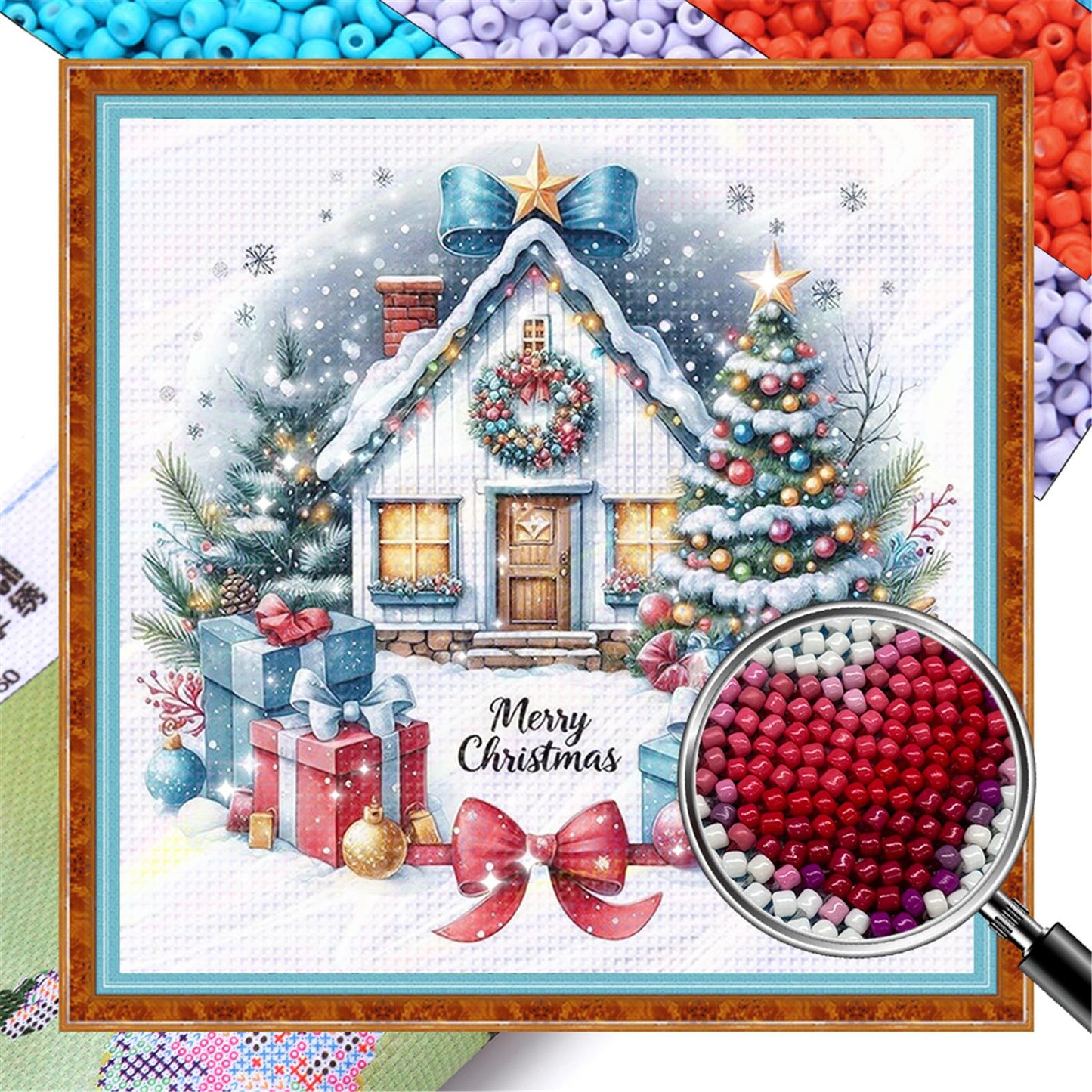 Christmas Cottage - Partial 11CT Stamped Cross Stitch - Bead Embroidery 36x36CM/14.17x14.17in