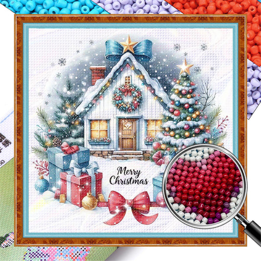 Christmas Cottage - Partial 11CT Stamped Cross Stitch - Bead Embroidery 36x36CM/14.17x14.17in