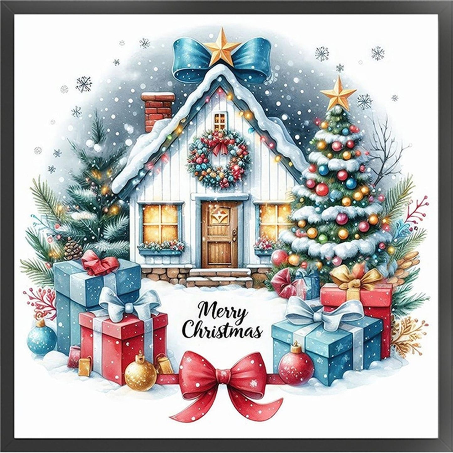 Christmas Cottage - Partial 11CT Stamped Cross Stitch - Bead Embroidery 36x36CM/14.17x14.17in