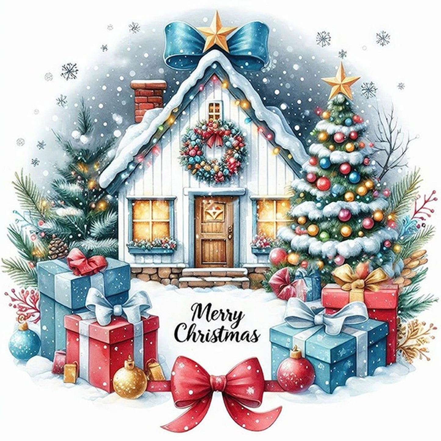 Christmas Cottage - Partial 11CT Stamped Cross Stitch - Bead Embroidery 36x36CM/14.17x14.17in