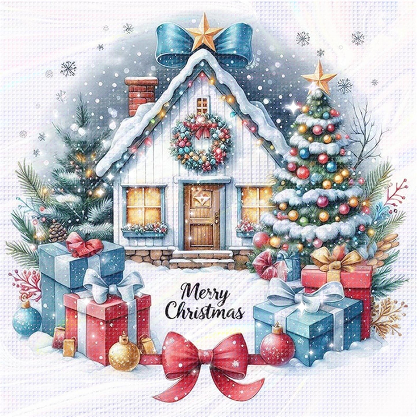 Christmas Cottage - Partial 11CT Stamped Cross Stitch - Bead Embroidery 36x36CM/14.17x14.17in