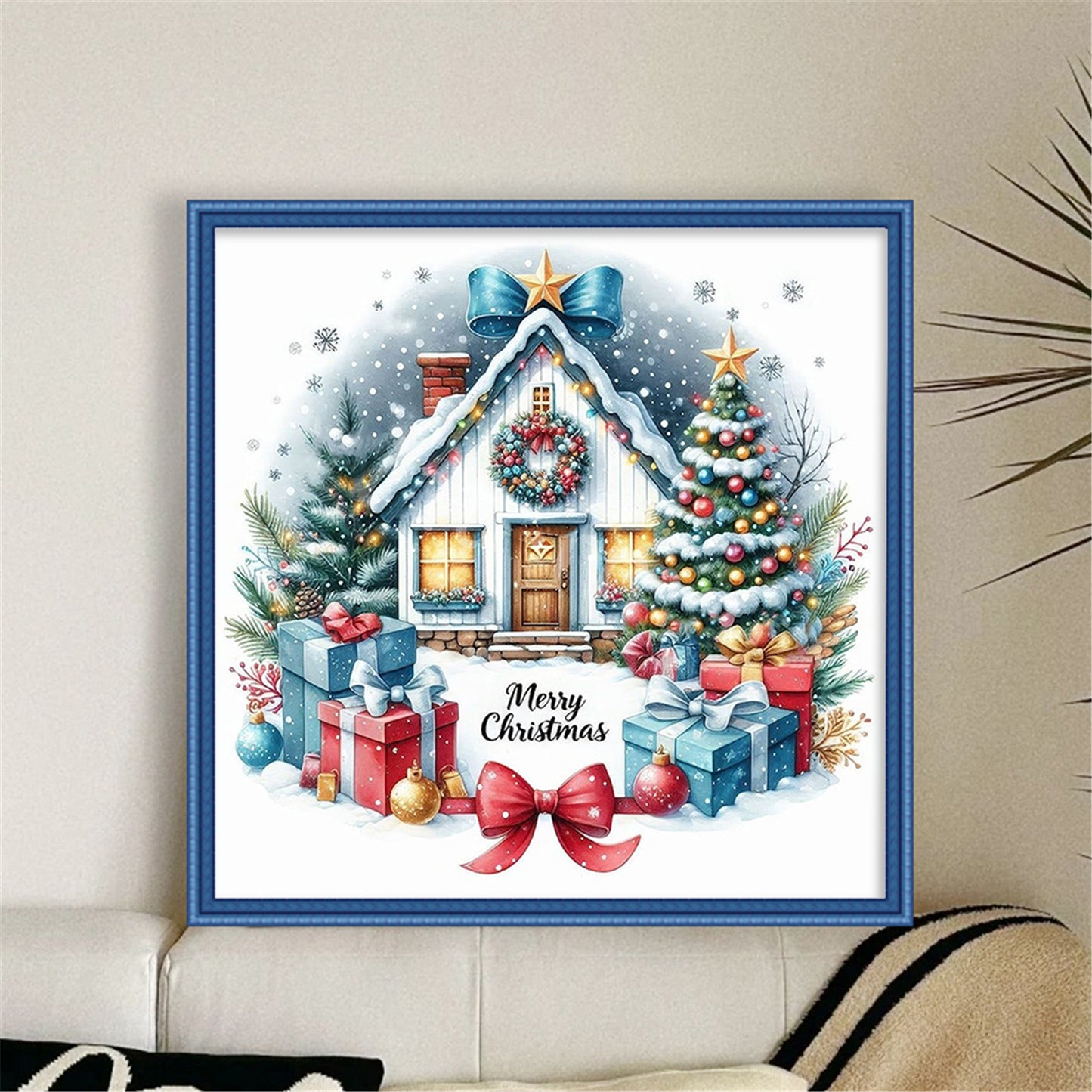 Christmas Cottage - Partial 11CT Stamped Cross Stitch - Bead Embroidery 36x36CM/14.17x14.17in