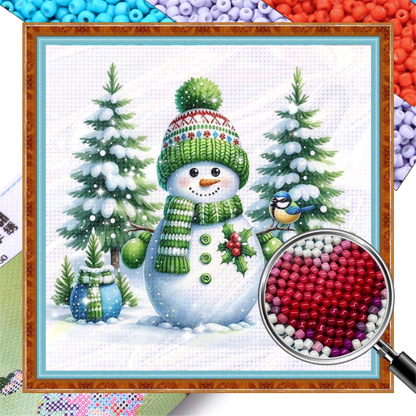 Christmas Tree & Snowman - Partial 11CT Stamped Cross Stitch - Bead Embroidery 36x36CM/14.17x14.17in