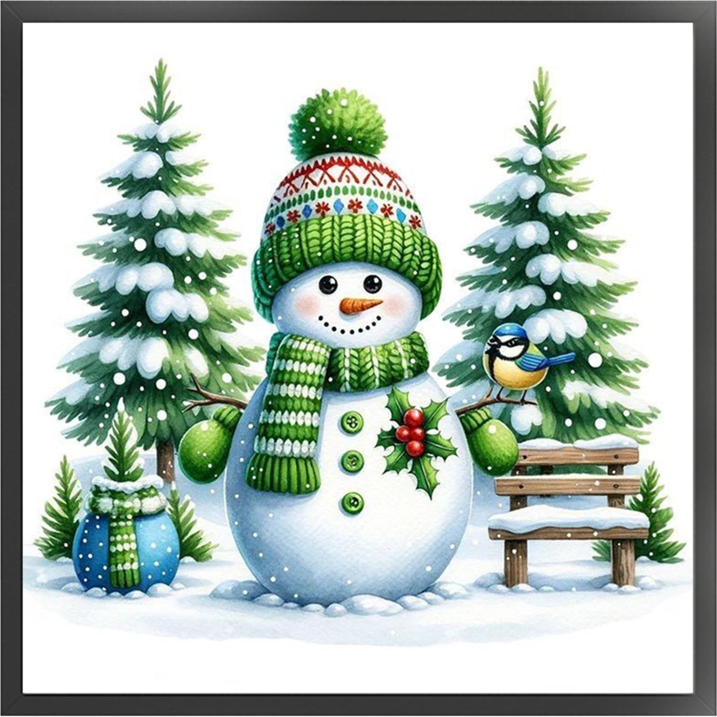 Christmas Tree & Snowman - Partial 11CT Stamped Cross Stitch - Bead Embroidery 36x36CM/14.17x14.17in