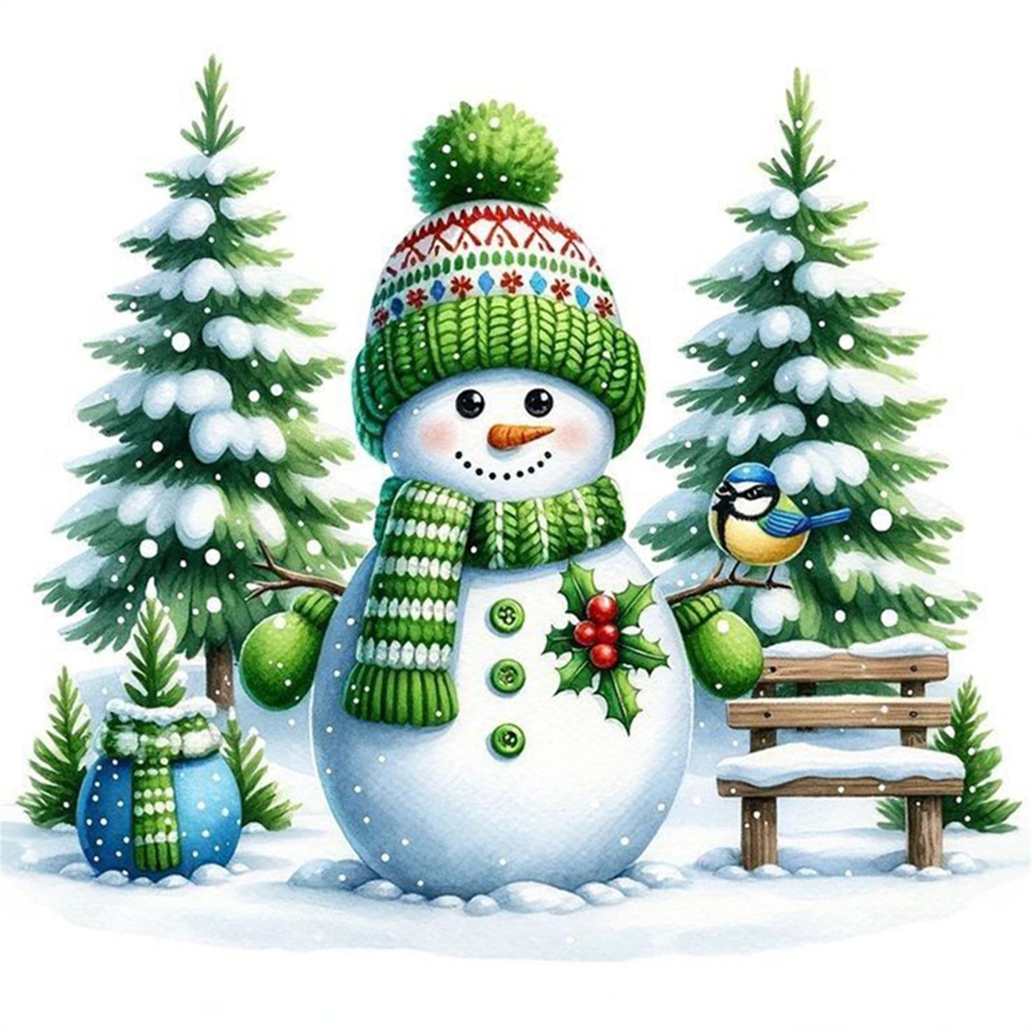 Christmas Tree & Snowman - Partial 11CT Stamped Cross Stitch - Bead Embroidery 36x36CM/14.17x14.17in