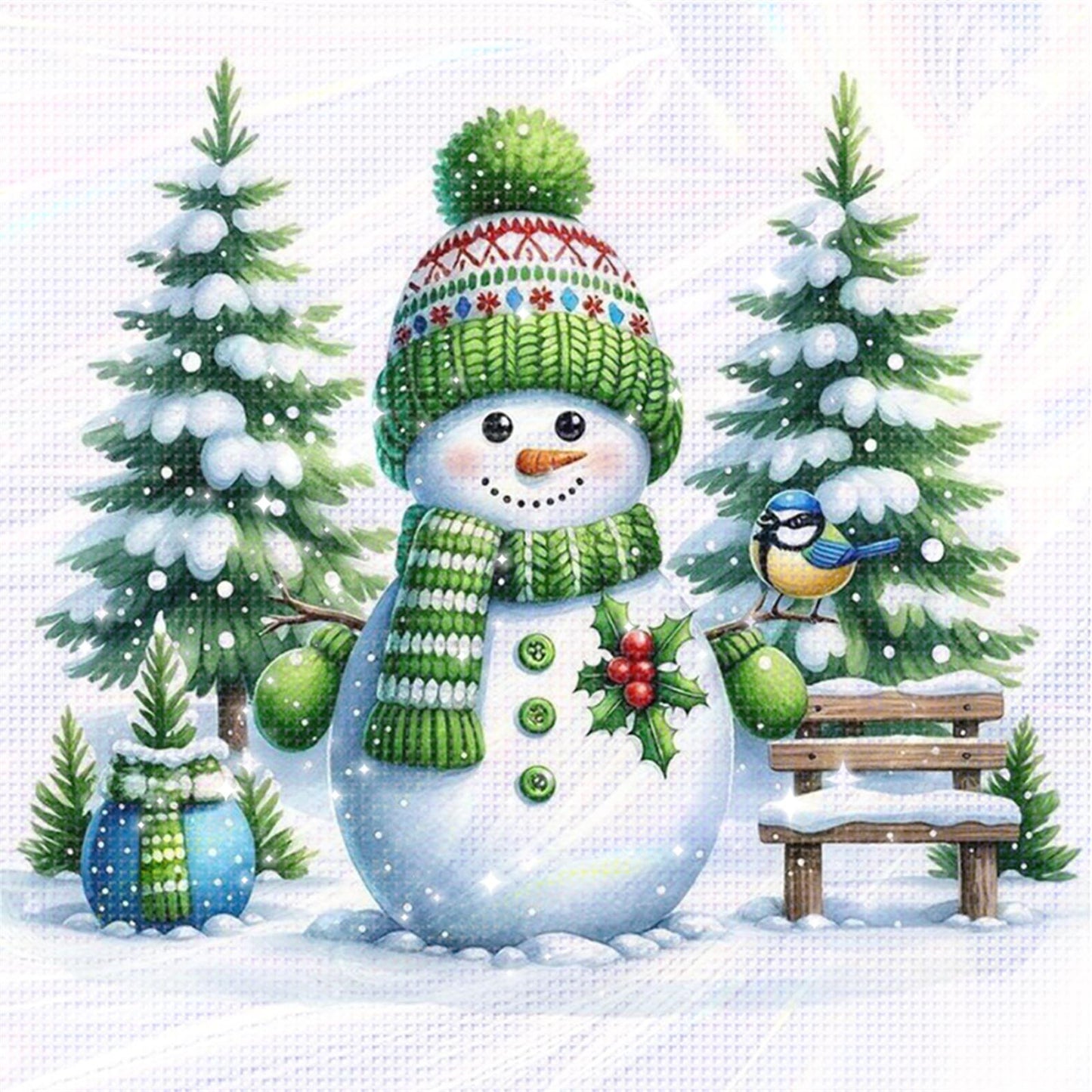 Christmas Tree & Snowman - Partial 11CT Stamped Cross Stitch - Bead Embroidery 36x36CM/14.17x14.17in