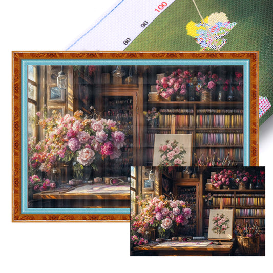 Leseecke im Blumenraum - Komplettes 11CT Stempel-Kreuzstich-Set 70x50CM - Mona Lisa