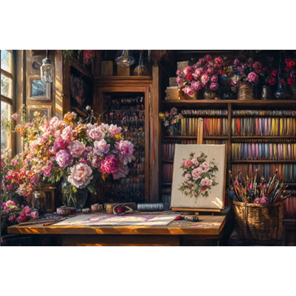 Book Nook In Flower Room - Full 11CT Stamped Cross Stitch 70x50CM - Mona Lisa