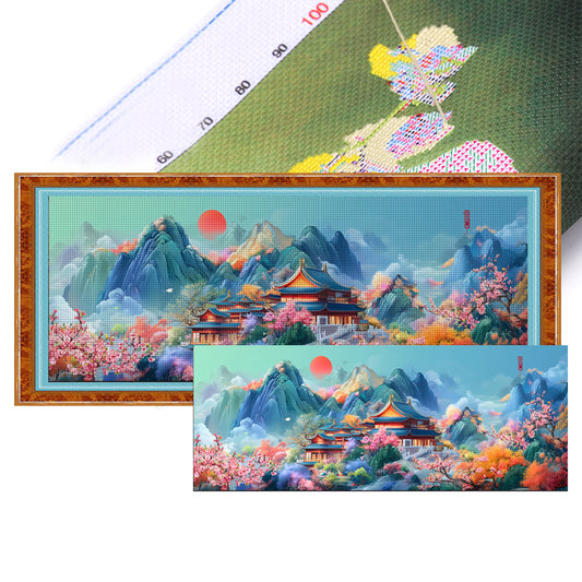 Jadeähnliche grüne Berglandschaft - Vollständiges 11CT Stempel-Kreuzstich-Set 150x60CM - Mona Lisa