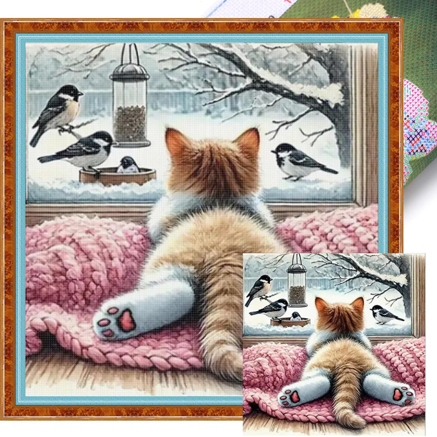 Winter Cat - Full 11CT Stamped Cross Stitch 40x40CM - Huacan