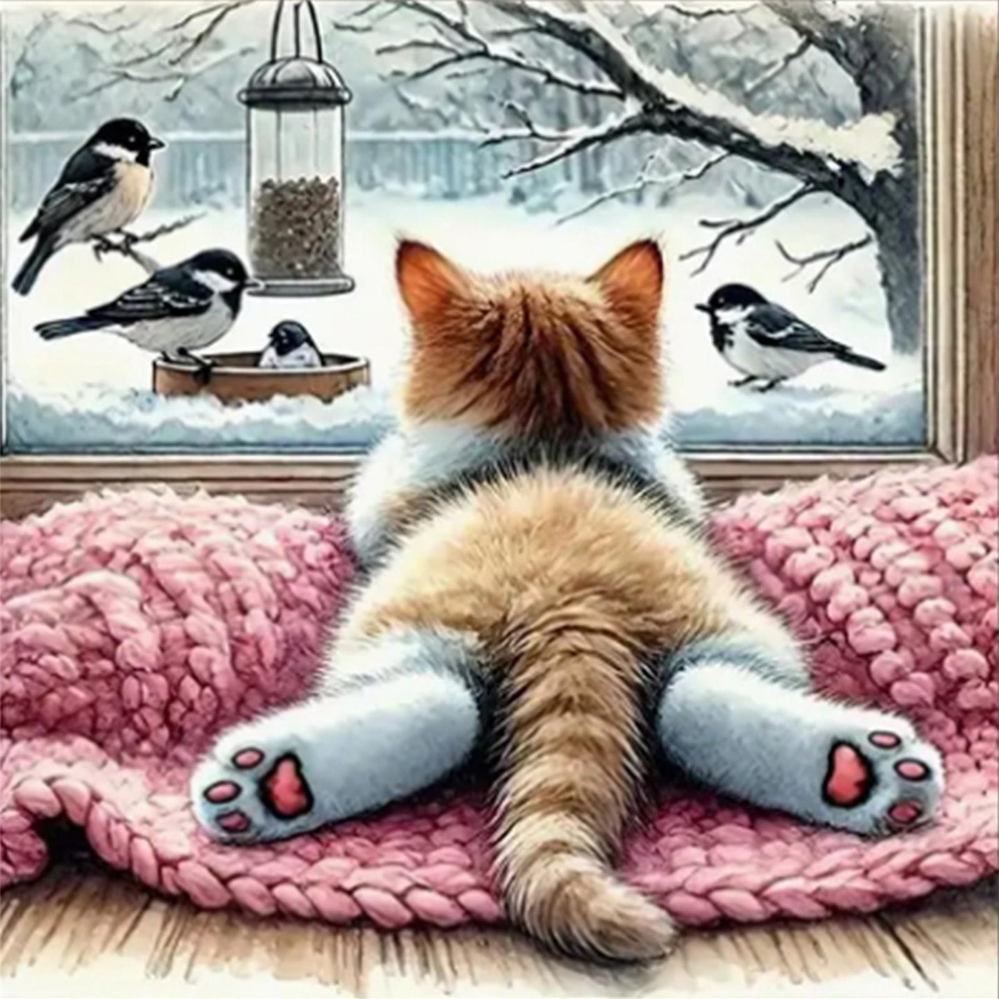 Winter Cat - Full 11CT Stamped Cross Stitch 40x40CM - Huacan