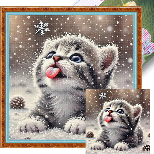 Winter Cat - Full 11CT Stamped Cross Stitch 40x40CM - Huacan