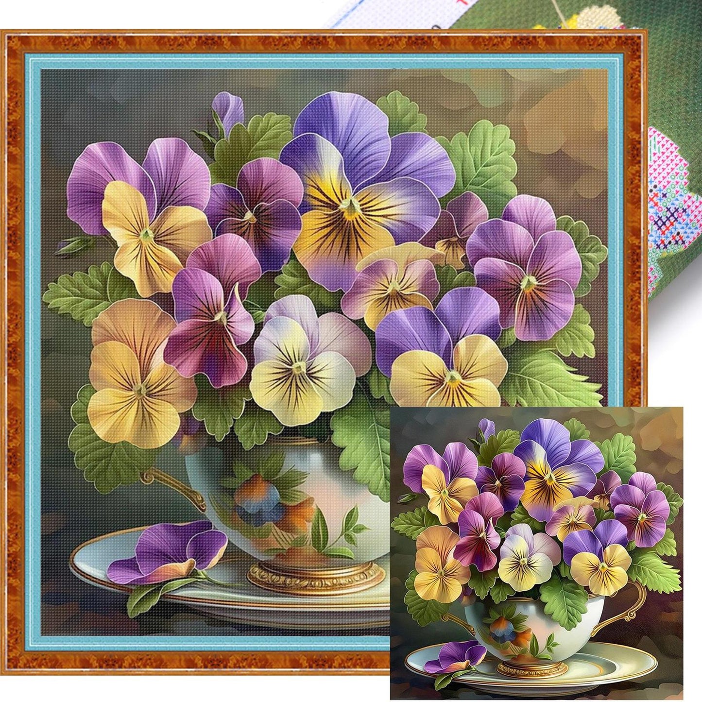 Pansy In Teacup - Full 11CT Stamped Cross Stitch 40x40CM - Huacan