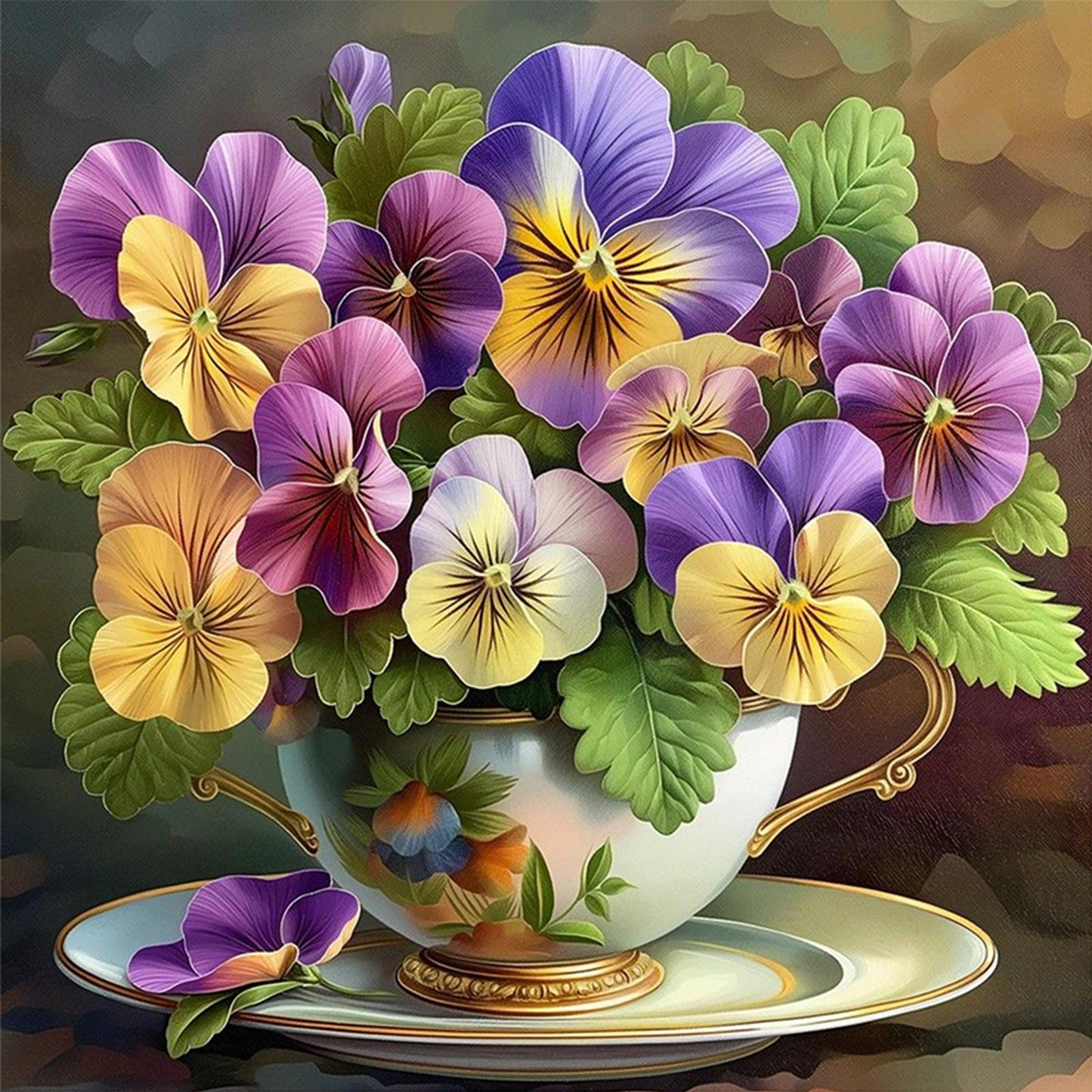 Pansy In Teacup - Full 11CT Stamped Cross Stitch 40x40CM - Huacan