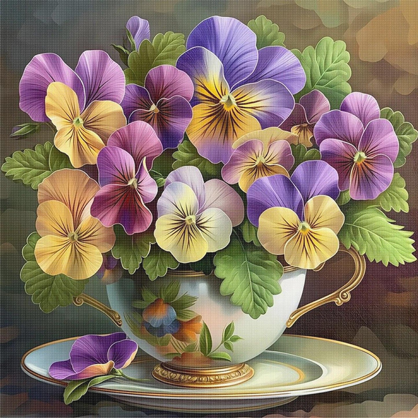 Pansy In Teacup - Full 11CT Stamped Cross Stitch 40x40CM - Huacan