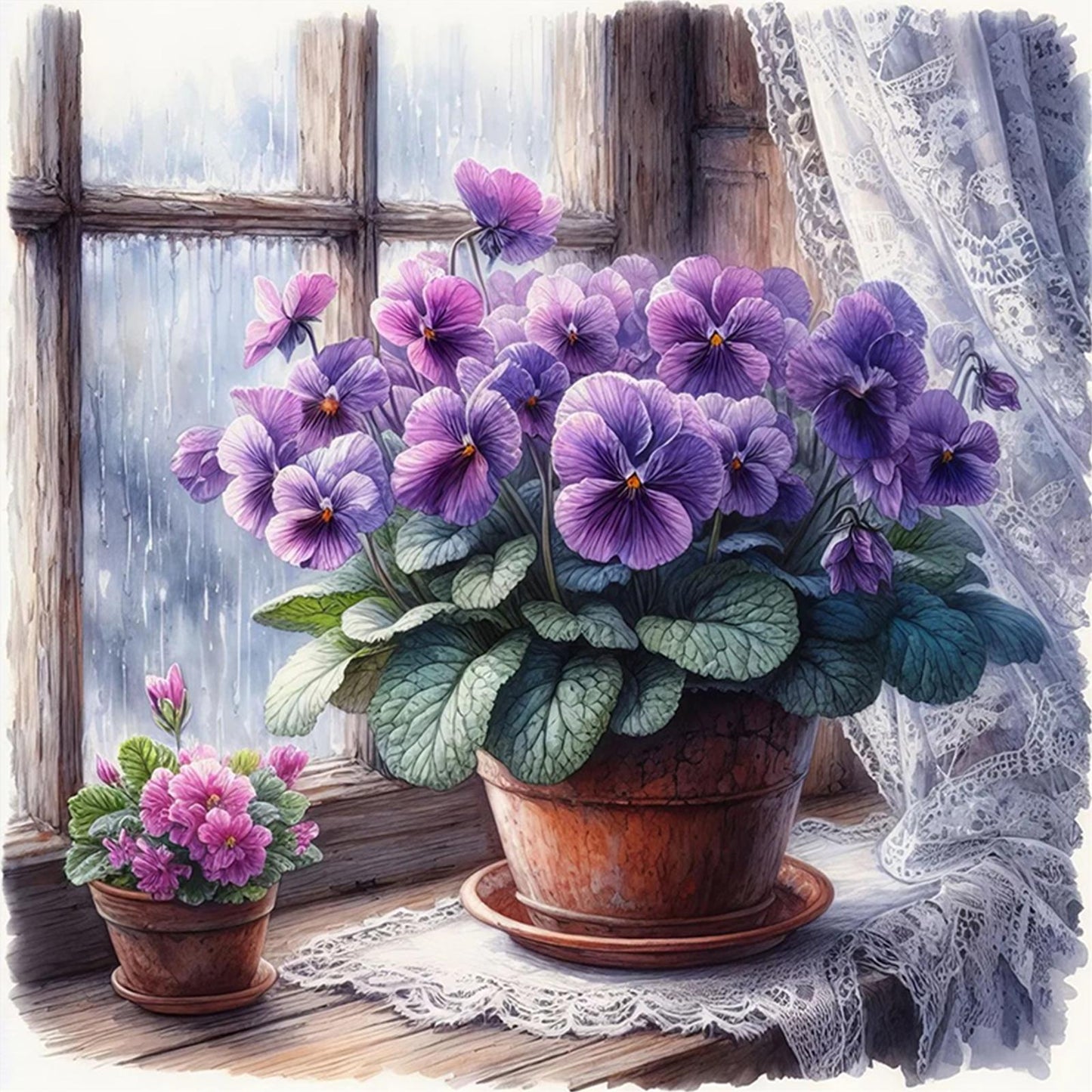 Violet By Window - Full 11CT Stamped Cross Stitch 40x40CM - Huacan