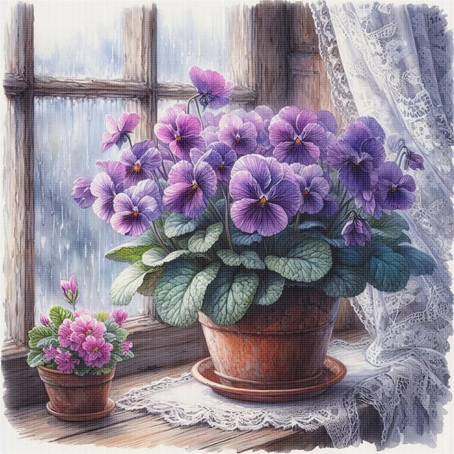Violet By Window - Full 11CT Stamped Cross Stitch 40x40CM - Huacan