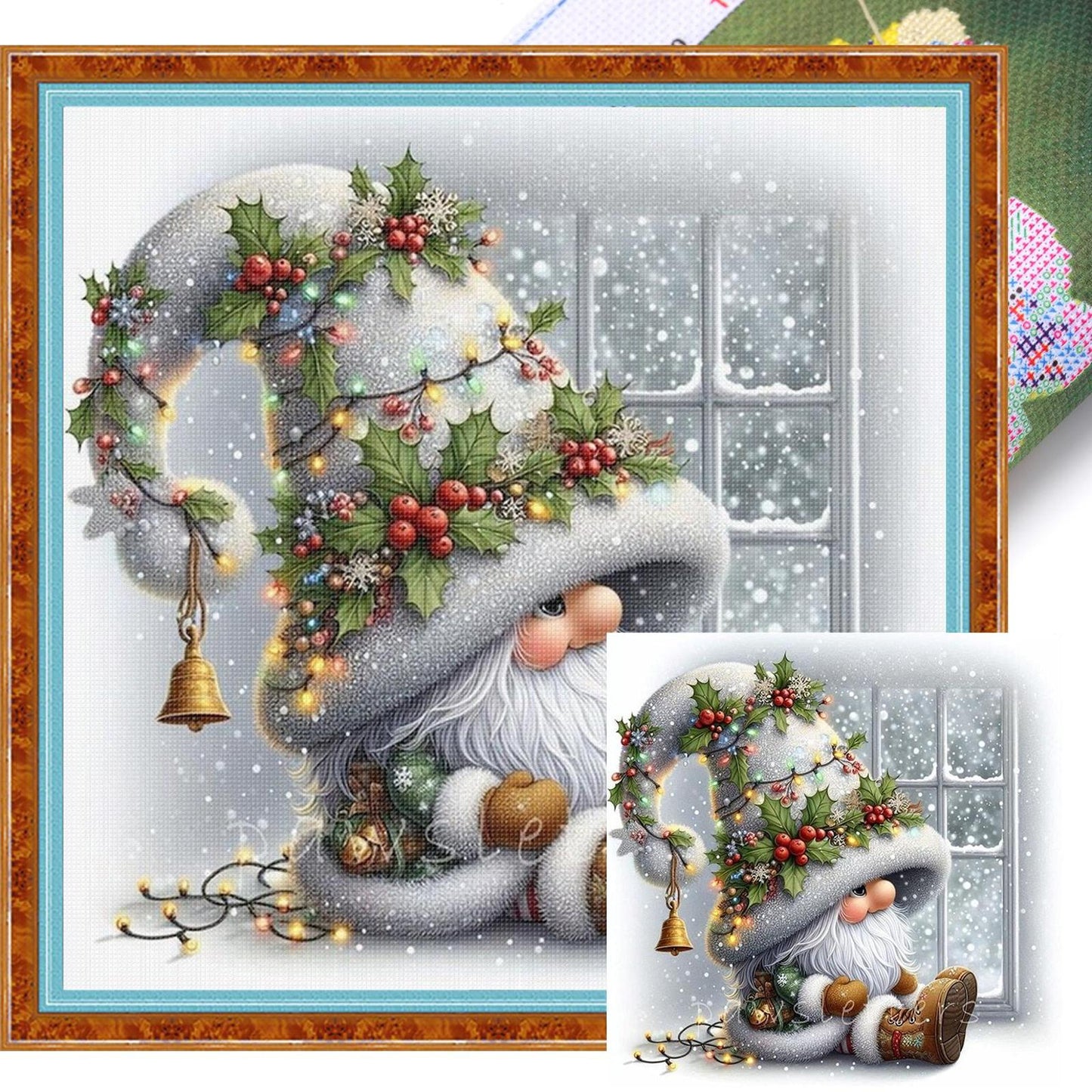 Christmas Gnome By Window - Full 11CT Stamped Cross Stitch 40x40CM - Huacan