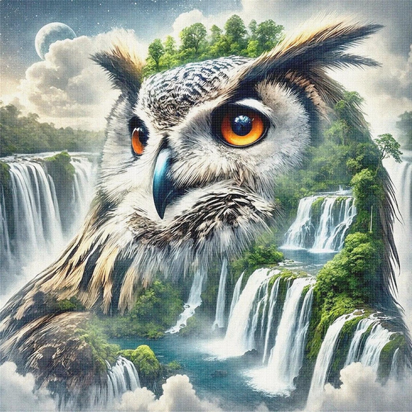 Owl Waterfall - Full 11CT Stamped Cross Stitch 40x40CM - Huacan