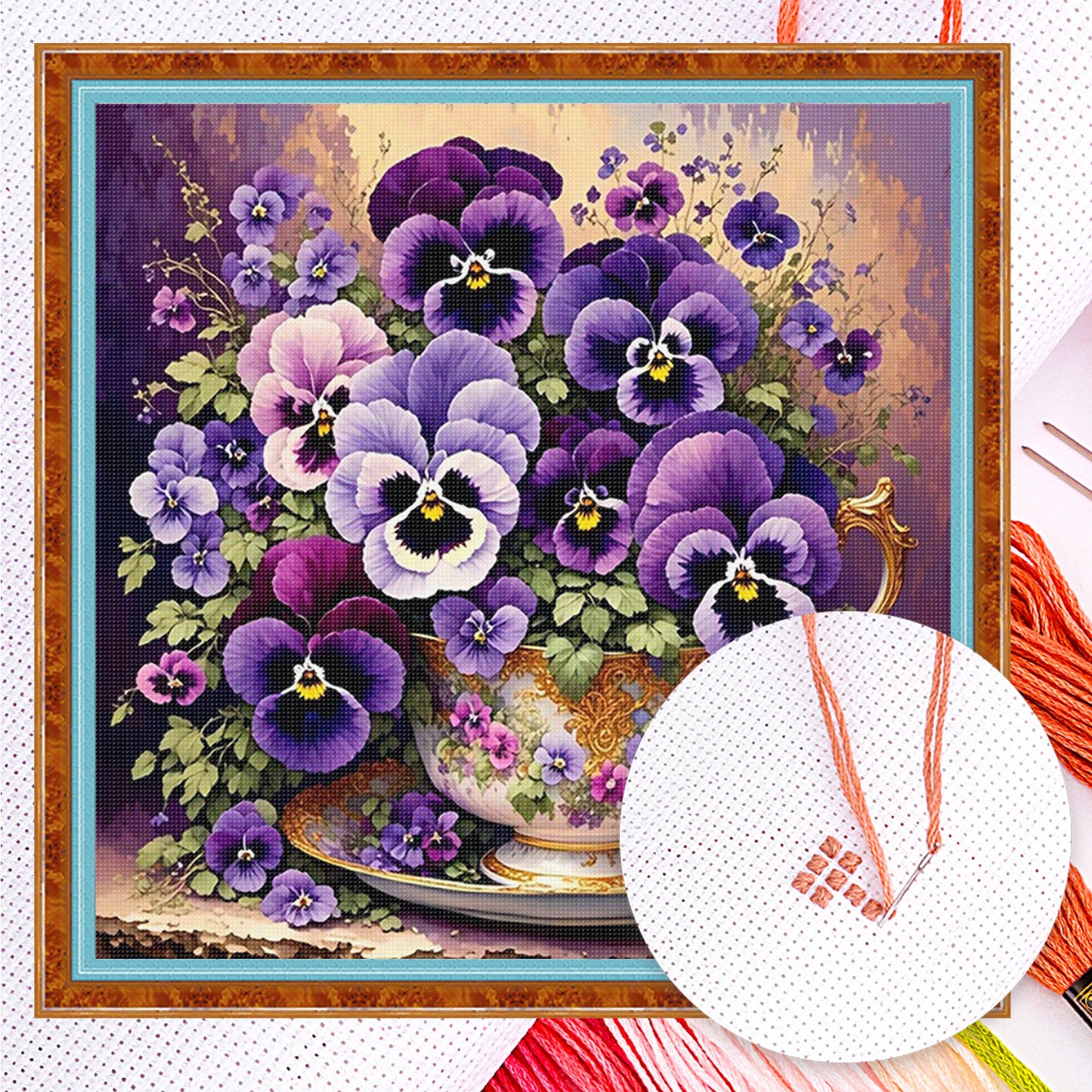 Pansy Teacup - Full 11CT Counted Cross Stitch 40x40CM - Huacan
