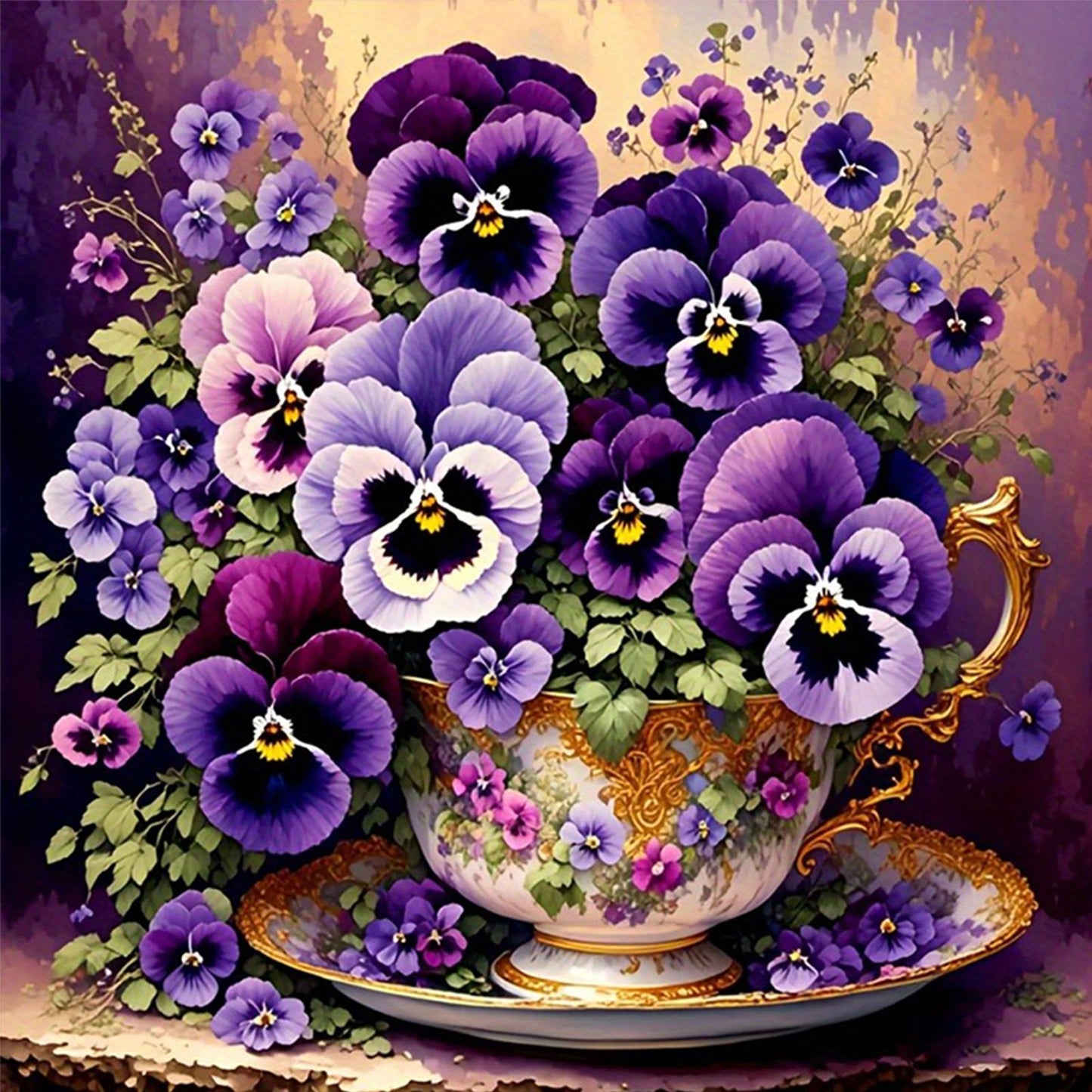 Pansy Teacup - Full 11CT Counted Cross Stitch 40x40CM - Huacan