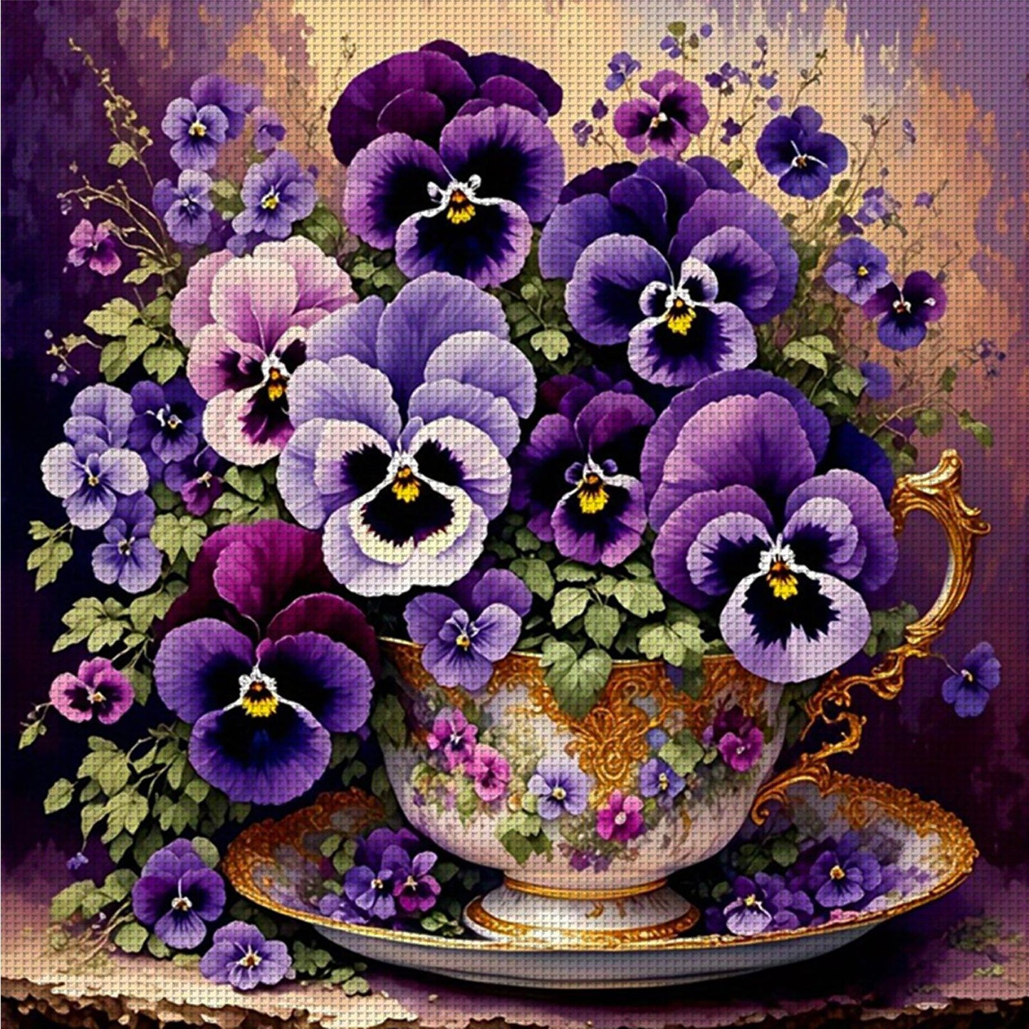 Pansy Teacup - Full 11CT Counted Cross Stitch 40x40CM - Huacan