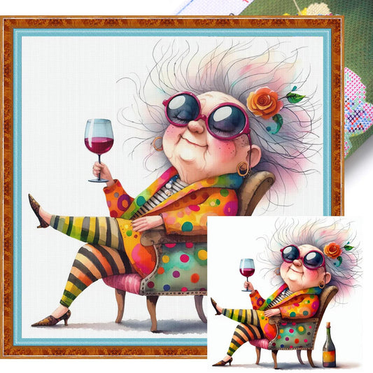 Lady Drinking Red Wine - Full 11CT Stamped Cross Stitch 40x40CM - Huacan