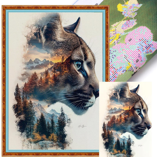 Cheetah Silhouette In Forest - Full 11CT Stamped Cross Stitch 40x60CM - Huacan