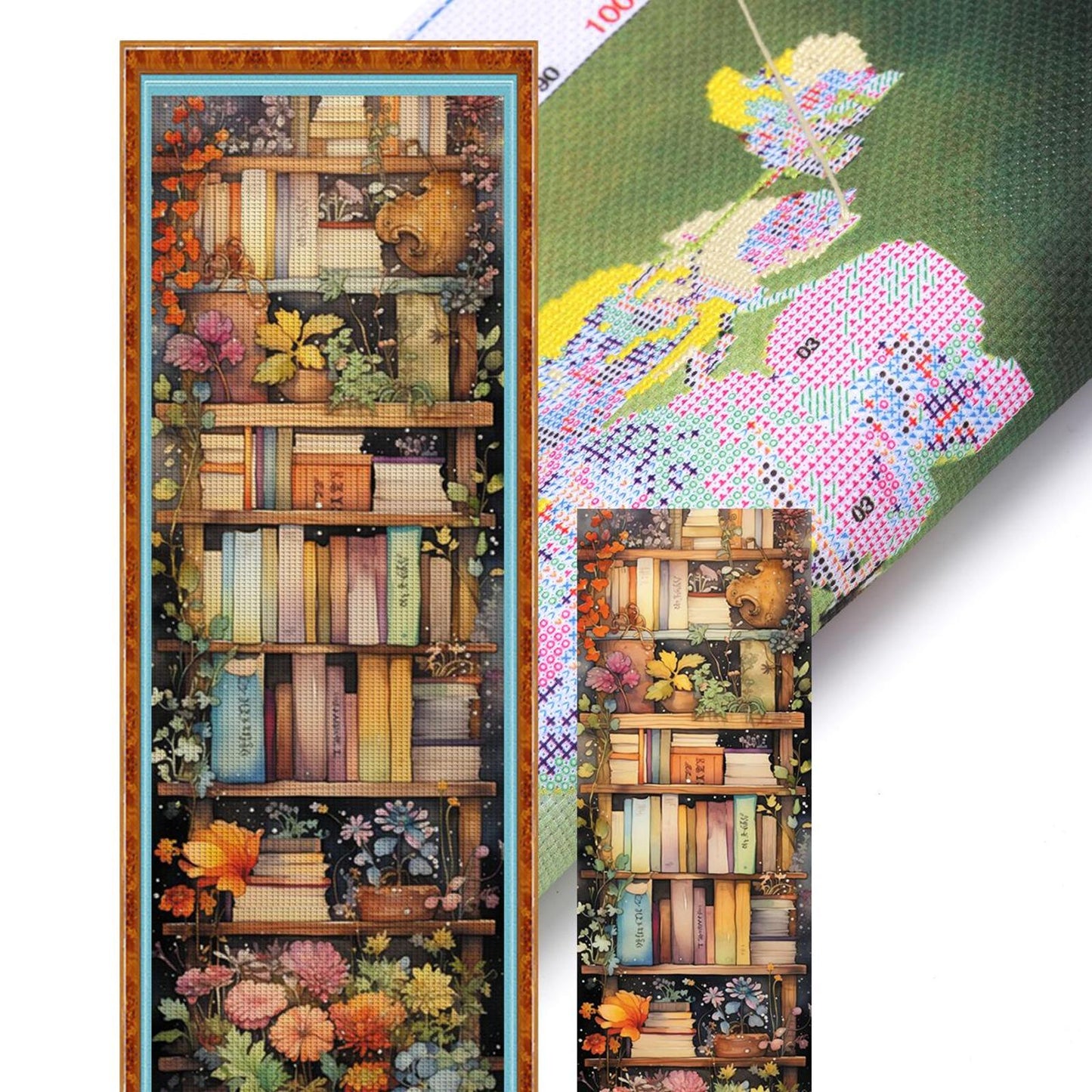 Flowers On Bookshelf - Full 14CT Stamped Cross Stitch 30x80CM - Huacan