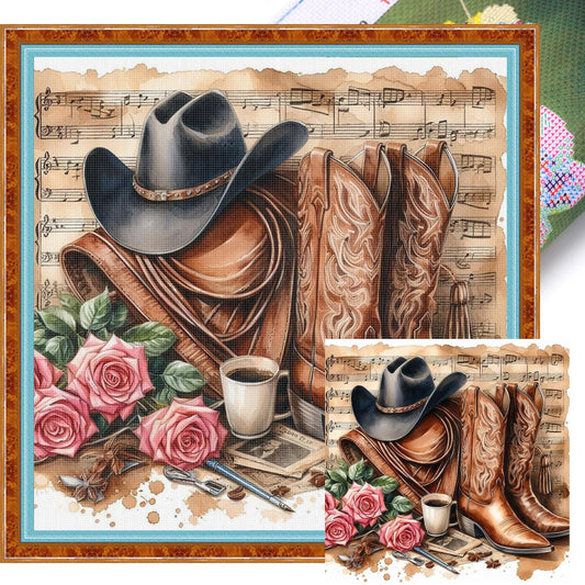 Cowboy Hat And Boots - Full 11CT Stamped Cross Stitch 40x40CM - Huacan