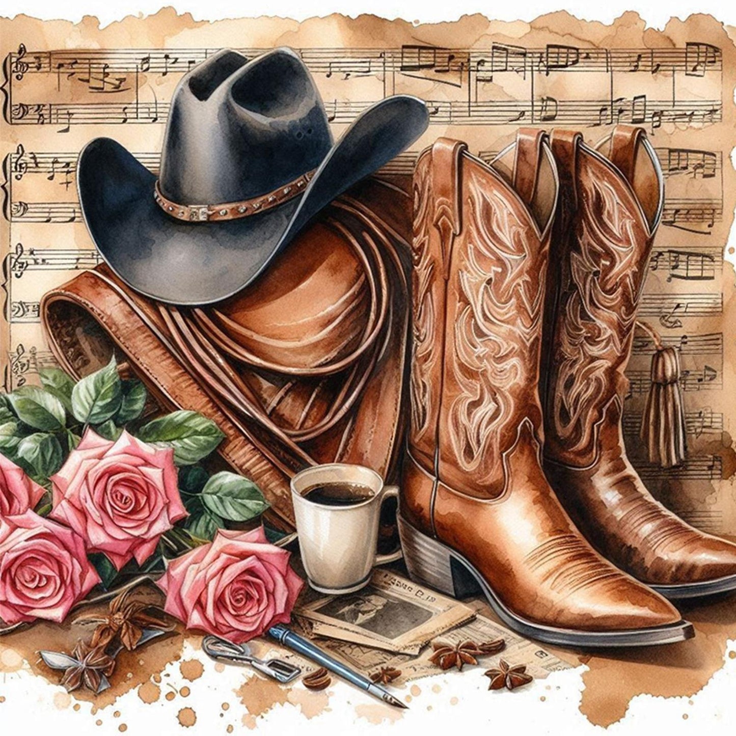Cowboy Hat And Boots - Full 11CT Stamped Cross Stitch 40x40CM - Huacan