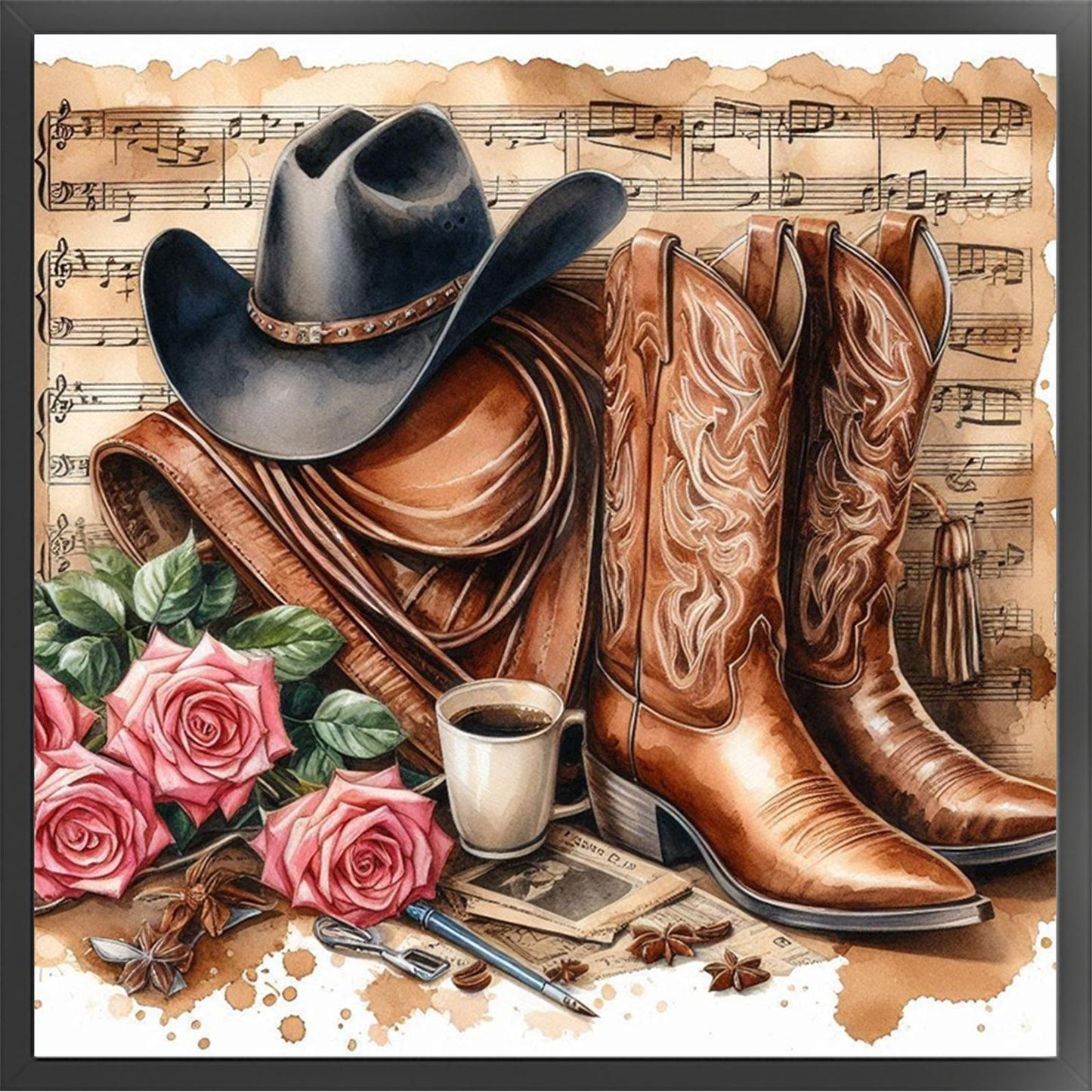 Cowboy Hat And Boots - Full 11CT Stamped Cross Stitch 40x40CM - Huacan